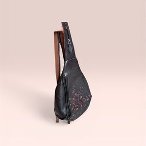 Leather Floral Embroidered Crossbody Sling Bag - Dark Brown with pink flowers